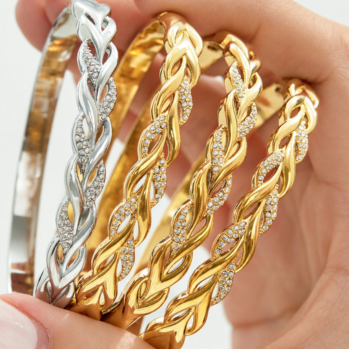 304 Stainless Steel 18K PVD Gold Twist Rope Zircon Bangle made with 304 Stainless Steel and 18K PVD gold finish for wholesale jewelry buyers - image 9