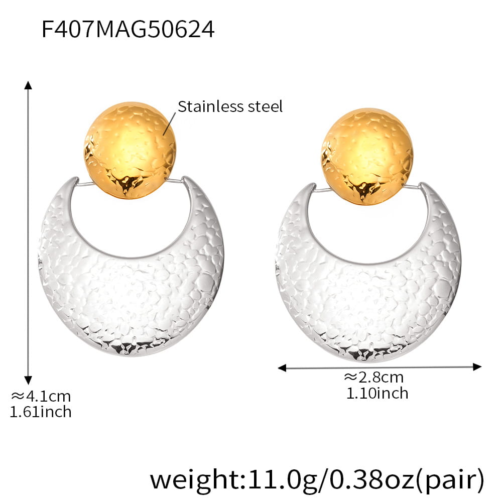 Material detail showing stainless steel construction of hammered drop earrings
