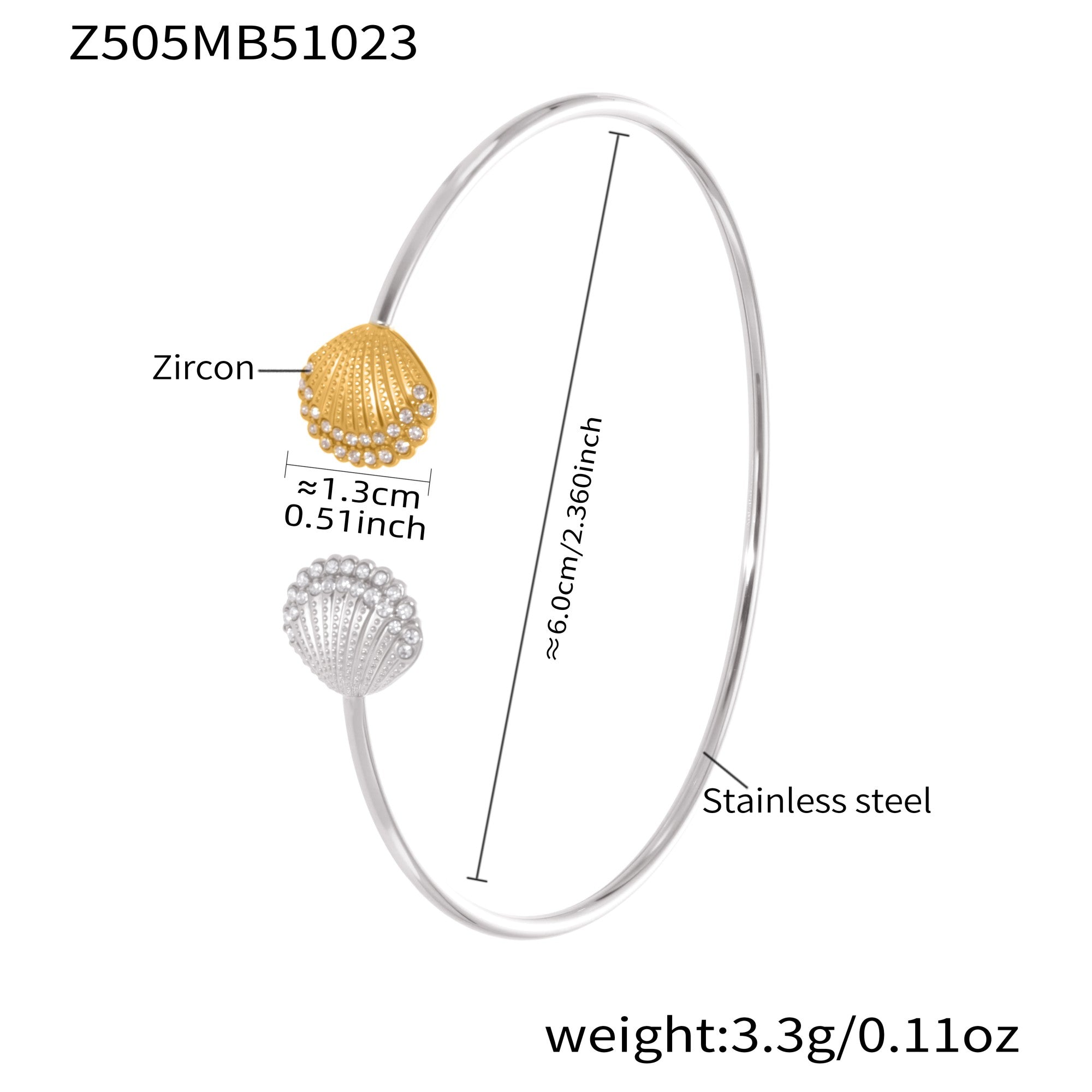 two tone shell zircon stainless steel cuff bracelet spec view, 6.0cm diameter, 3.3g weight