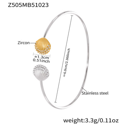 two tone shell zircon stainless steel cuff bracelet spec view, 6.0cm diameter, 3.3g weight