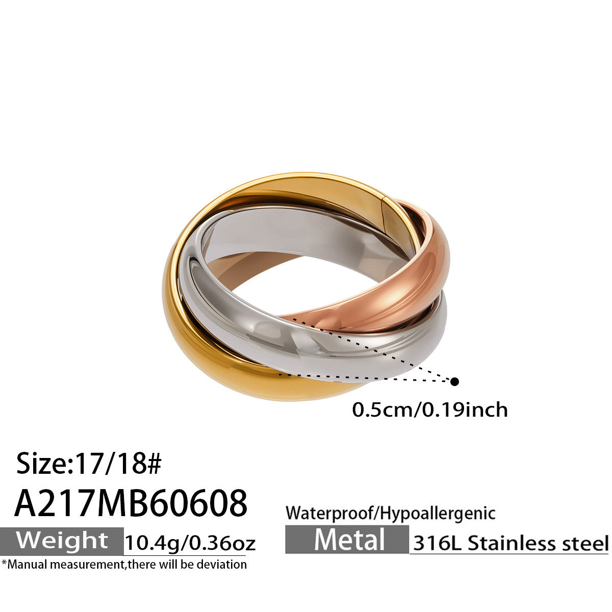 Two tone triple interlocking ring size card showing gold and steel tone stainless steel design in size 8