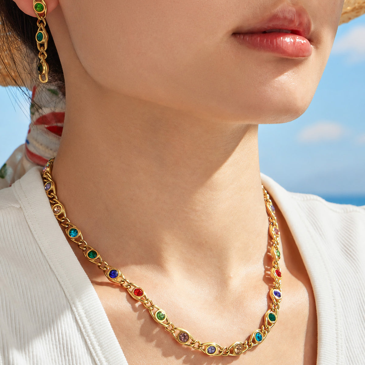 Colorful zircon chain necklace worn on model