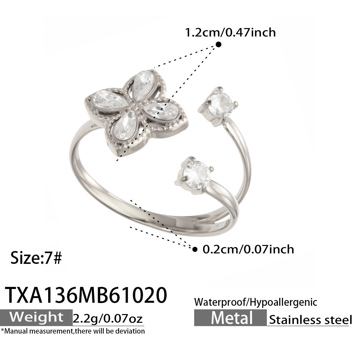 TXA136 steel-tone flower zircon open ring size guide showing size 7 and approximately 2.2 g weight