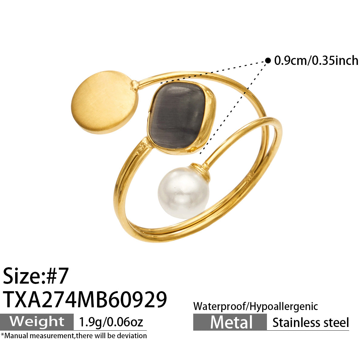 TXA274 black cat eye effect bead open ring size 7 with product specification details