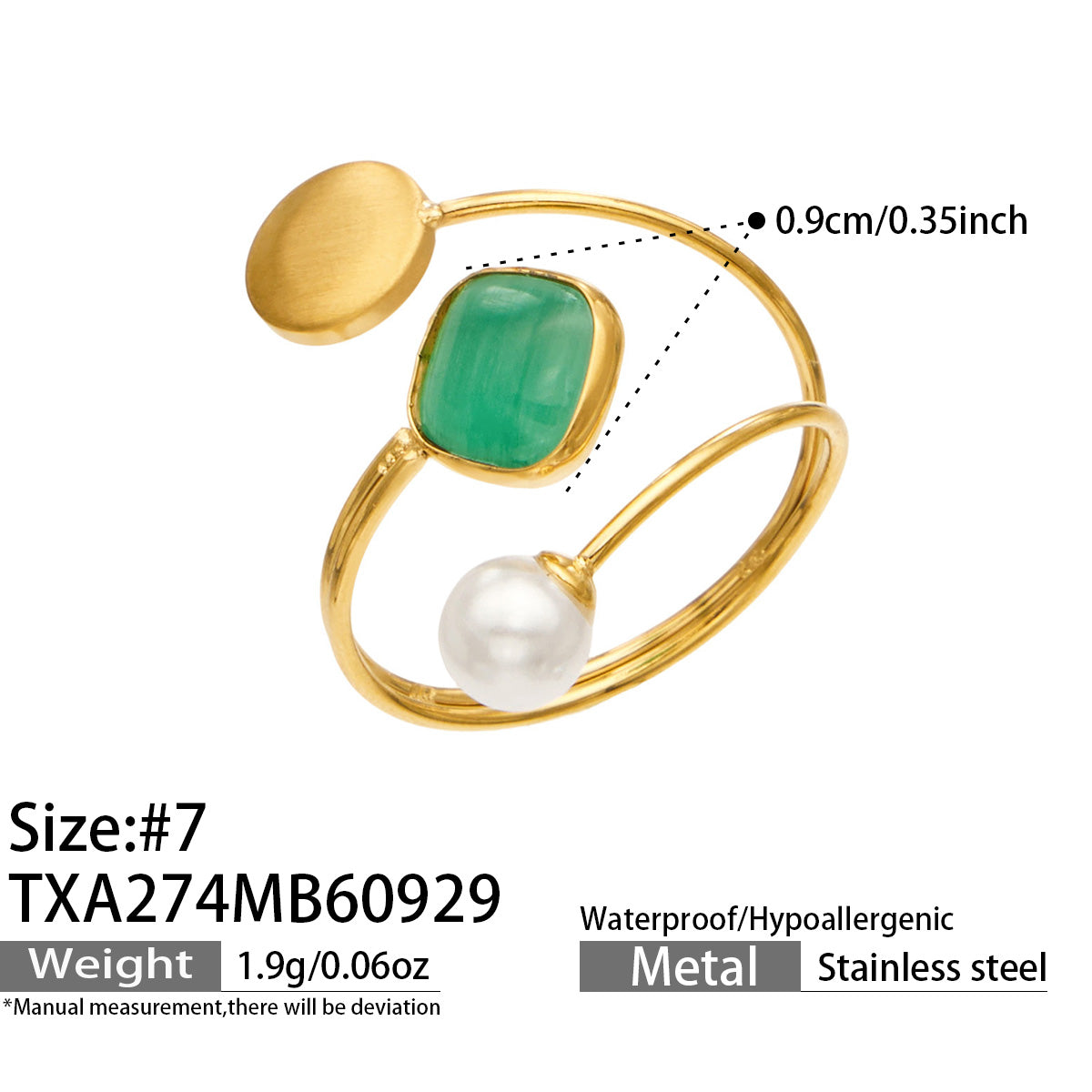 TXA274 green cat eye effect bead open ring size 7 with gold-tone details and product specifications