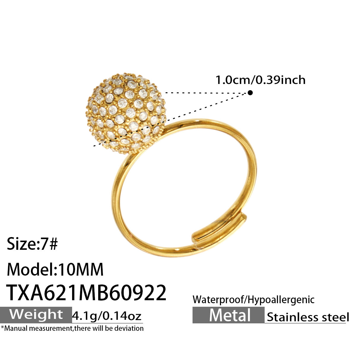 TXA621 10 mm zircon ball open ring size 7 product details