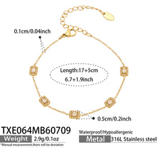 TXE064 square zircon charm bracelet size card with 17+5cm adjustable chain and zircon charm details