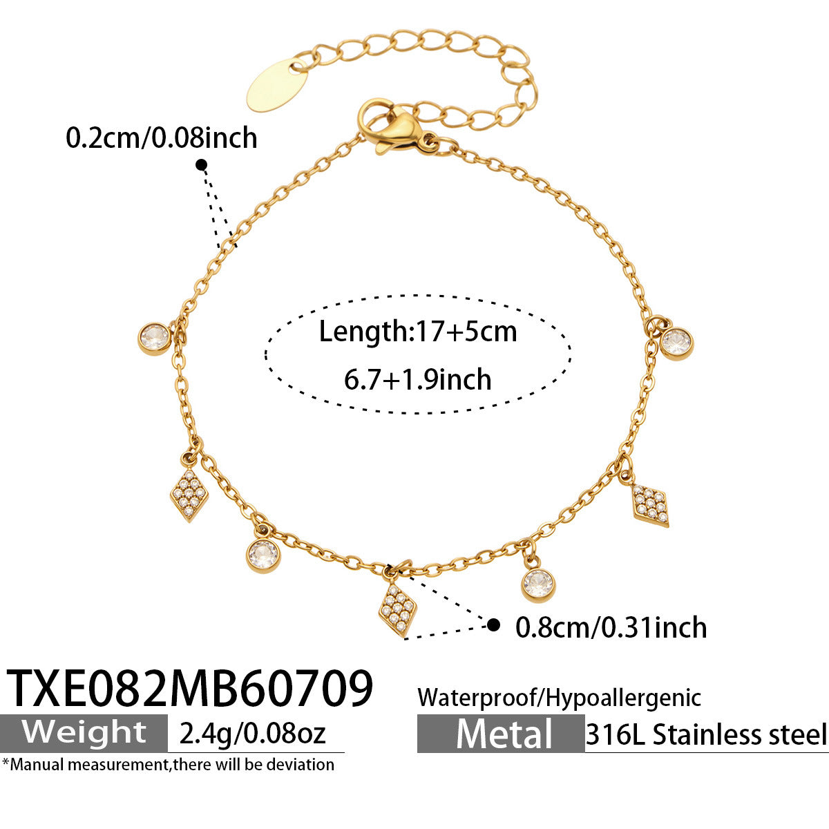 TXE082 diamond zircon charm bracelet size card with 17+5cm adjustable chain for wholesale jewelry buyers
