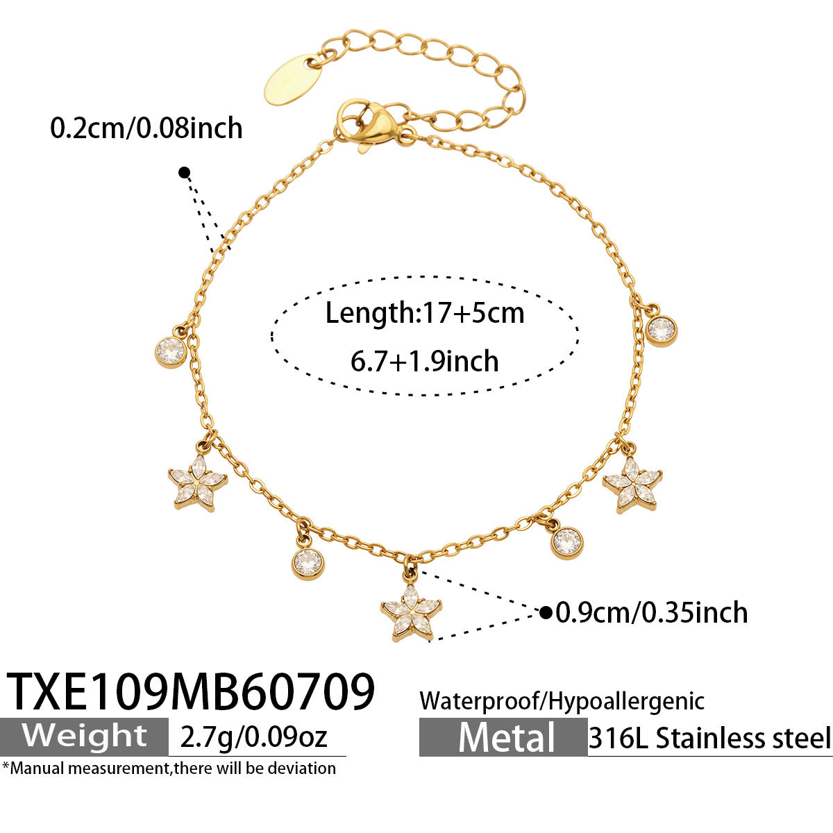 TXE109 flower zircon charm bracelet size card with 17+5cm adjustable chain in 316L stainless steel