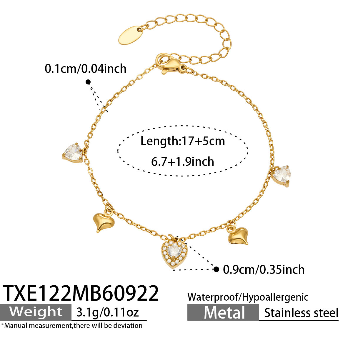 TXE122 heart zircon charm bracelet 17+5 cm size and product details