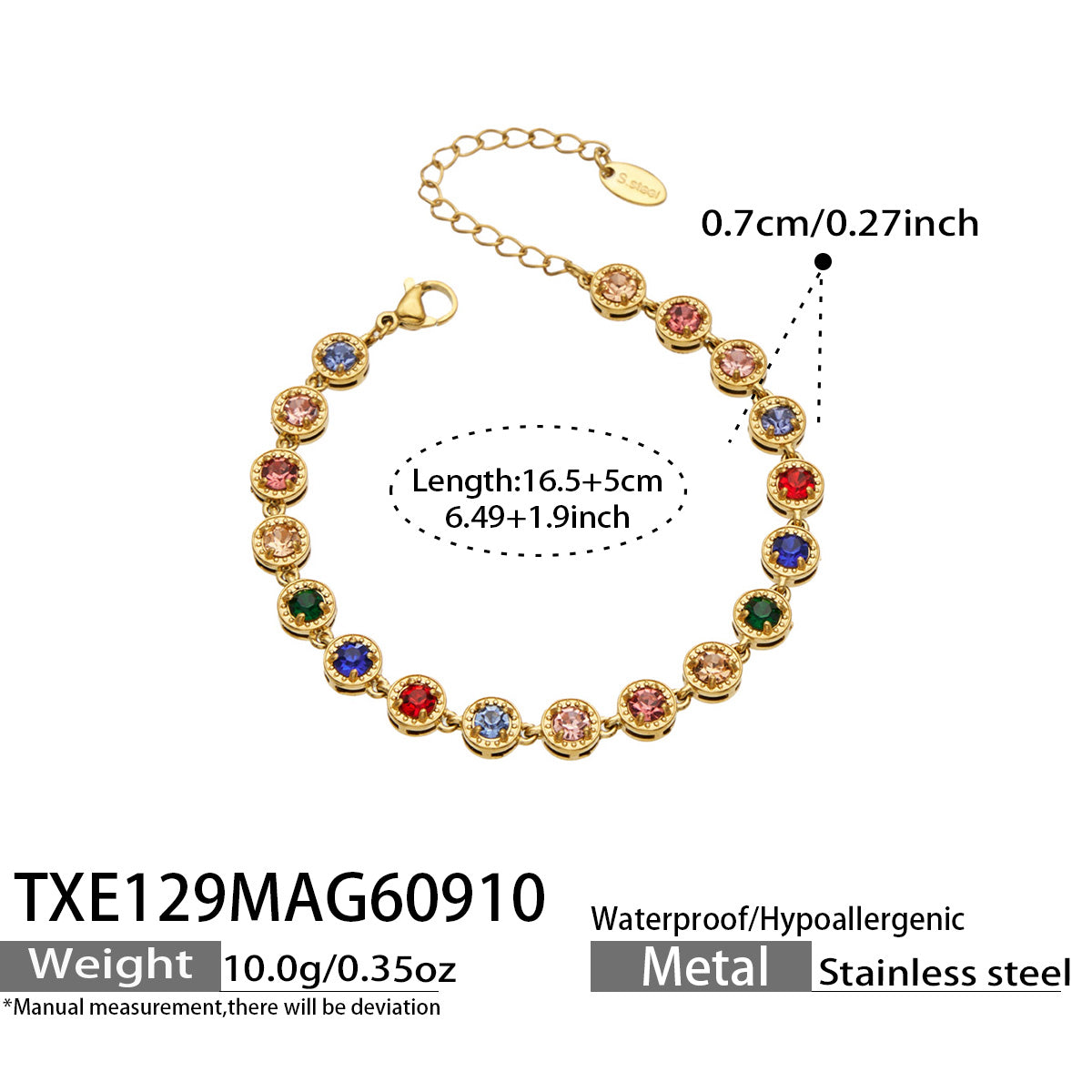 TXE129 multicolor zircon gold bracelet size details