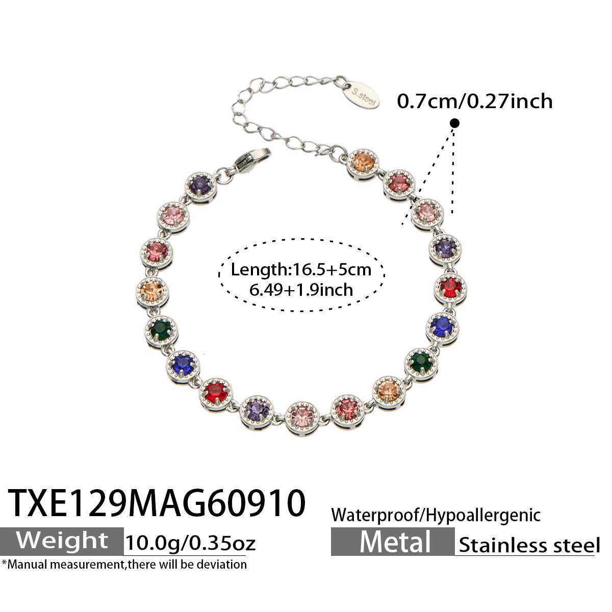 TXE129 multicolor zircon steel bracelet size details