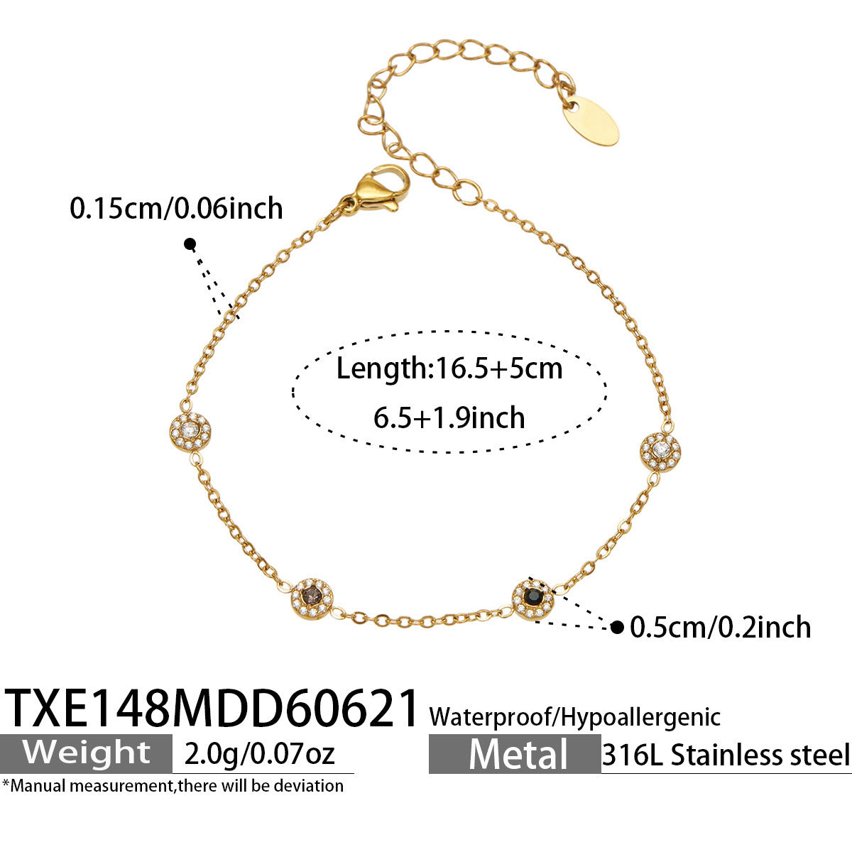 TXE148 black cubic zirconia gold station bracelet 16.5 plus 5 cm size guide