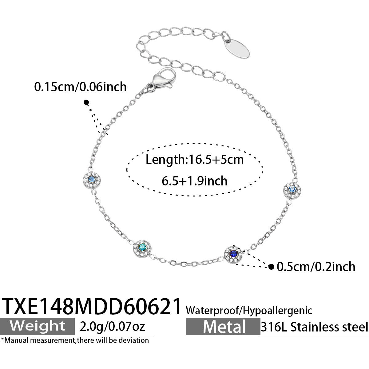 TXE148 blue cubic zirconia steel-tone station bracelet 16.5 plus 5 cm size guide