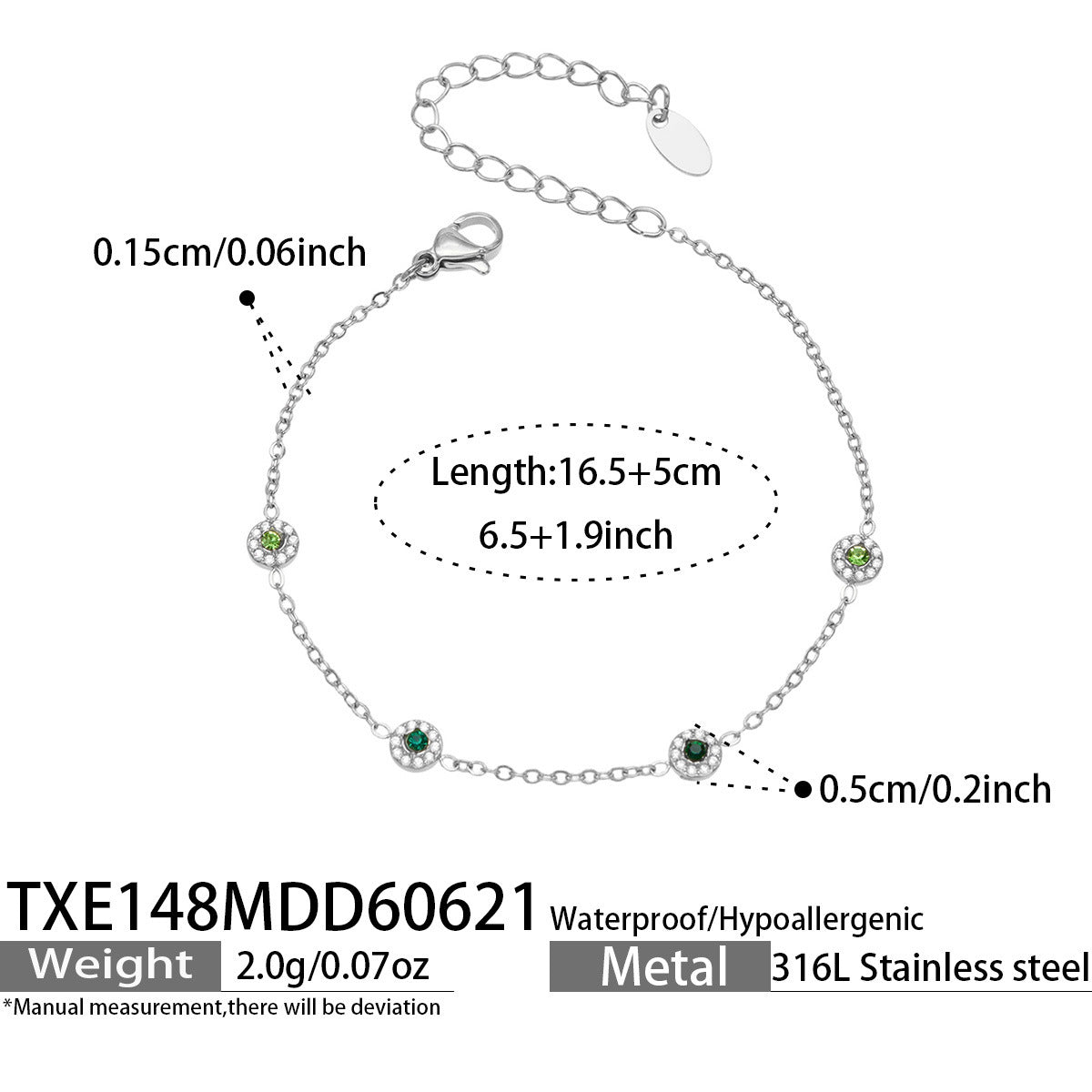 TXE148 green cubic zirconia steel-tone station bracelet 16.5 plus 5 cm size guide