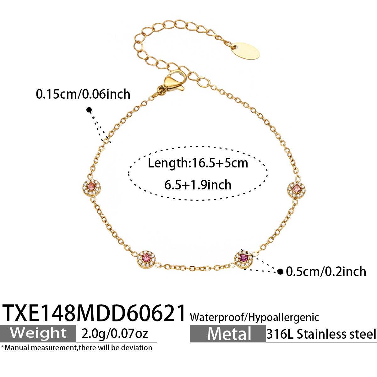 TXE148 pink cubic zirconia gold station bracelet 16.5 plus 5 cm size guide
