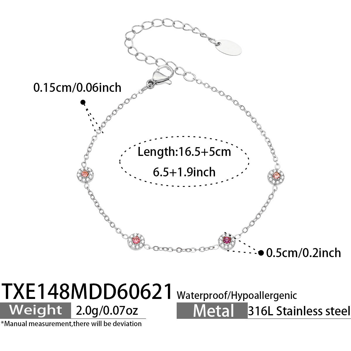 TXE148 pink cubic zirconia steel-tone station bracelet 16.5 plus 5 cm size guide