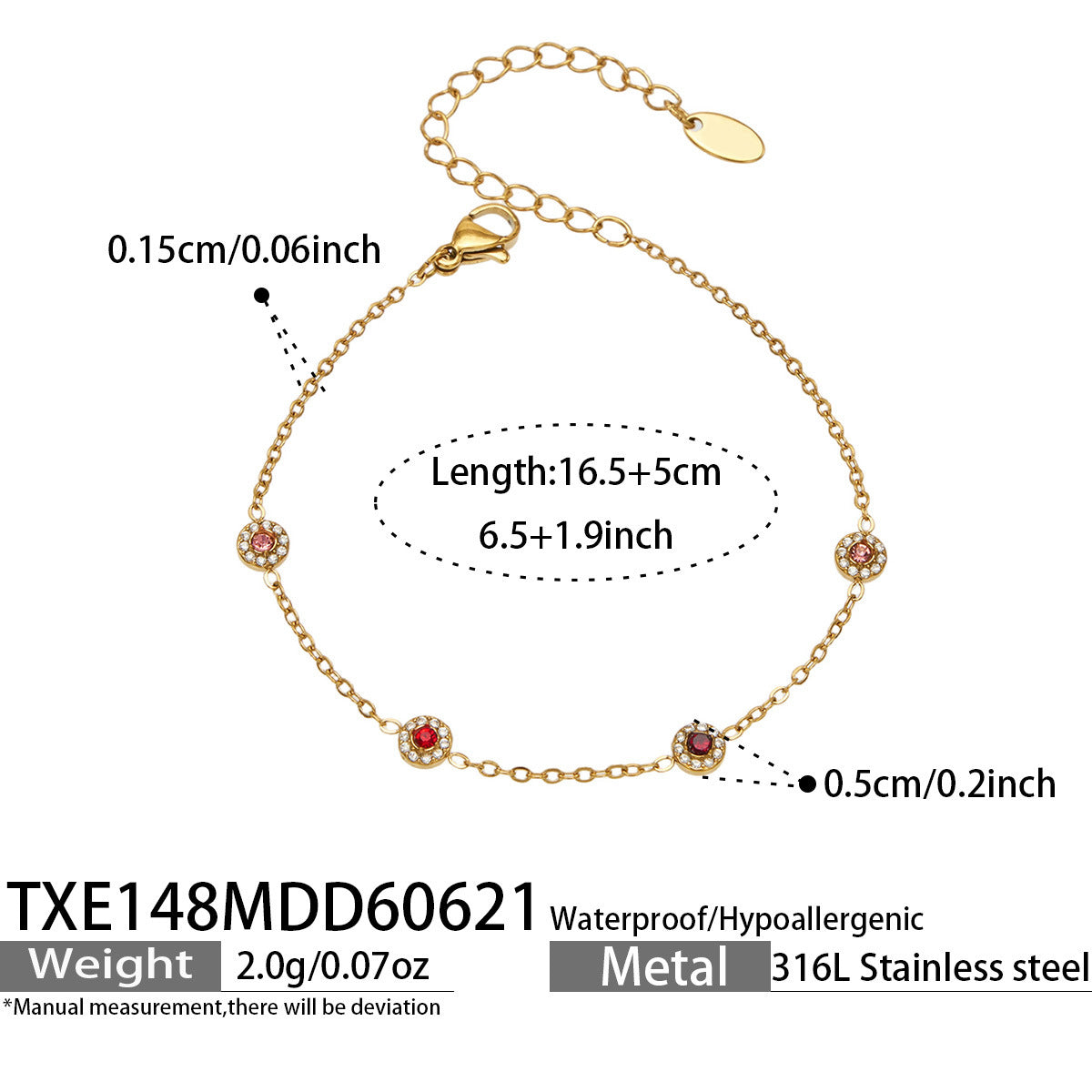 TXE148 red cubic zirconia gold station bracelet 16.5 plus 5 cm size guide