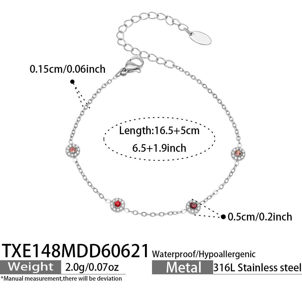 TXE148 red cubic zirconia steel-tone station bracelet 16.5 plus 5 cm size guide