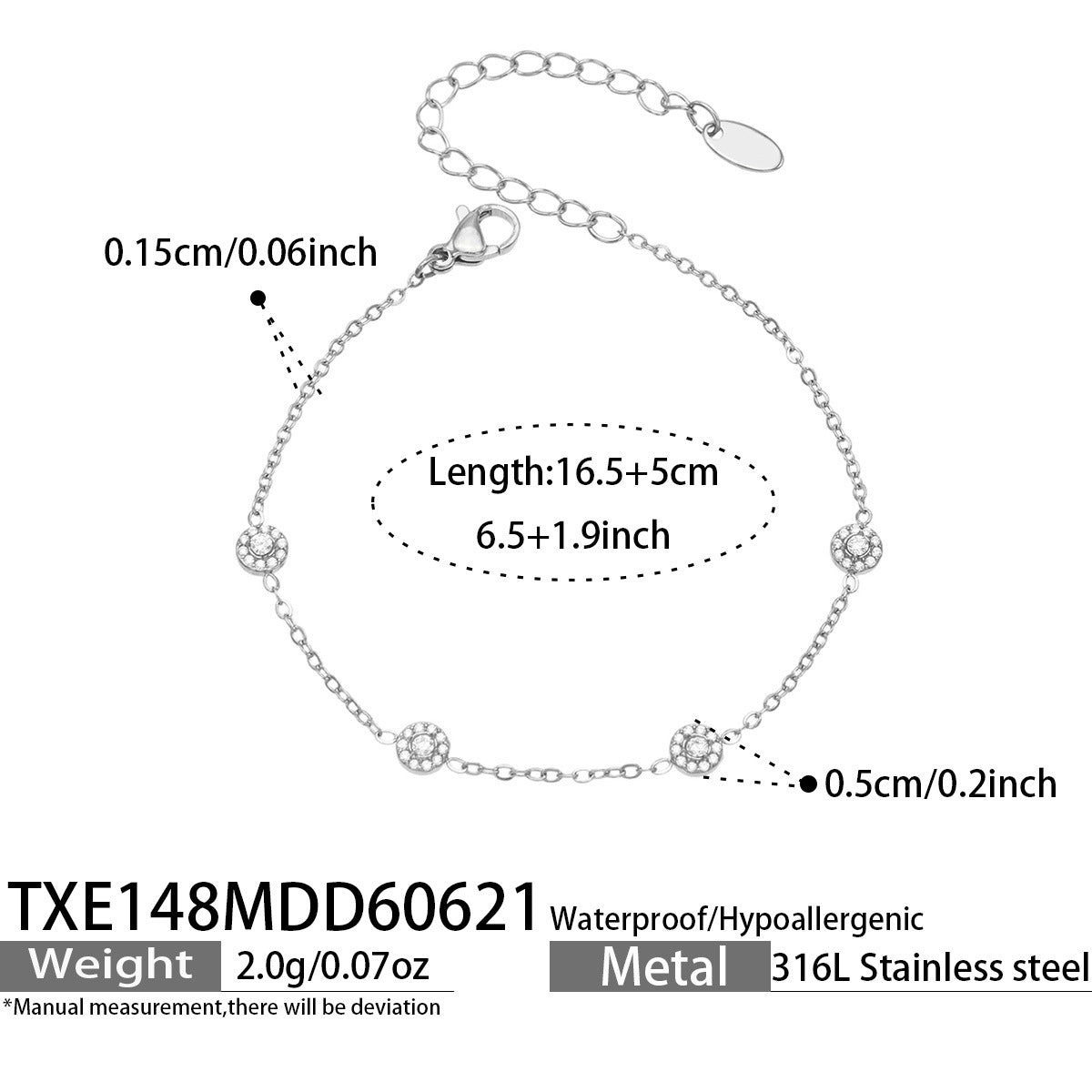 TXE148 white cubic zirconia steel-tone station bracelet 16.5 plus 5 cm size guide