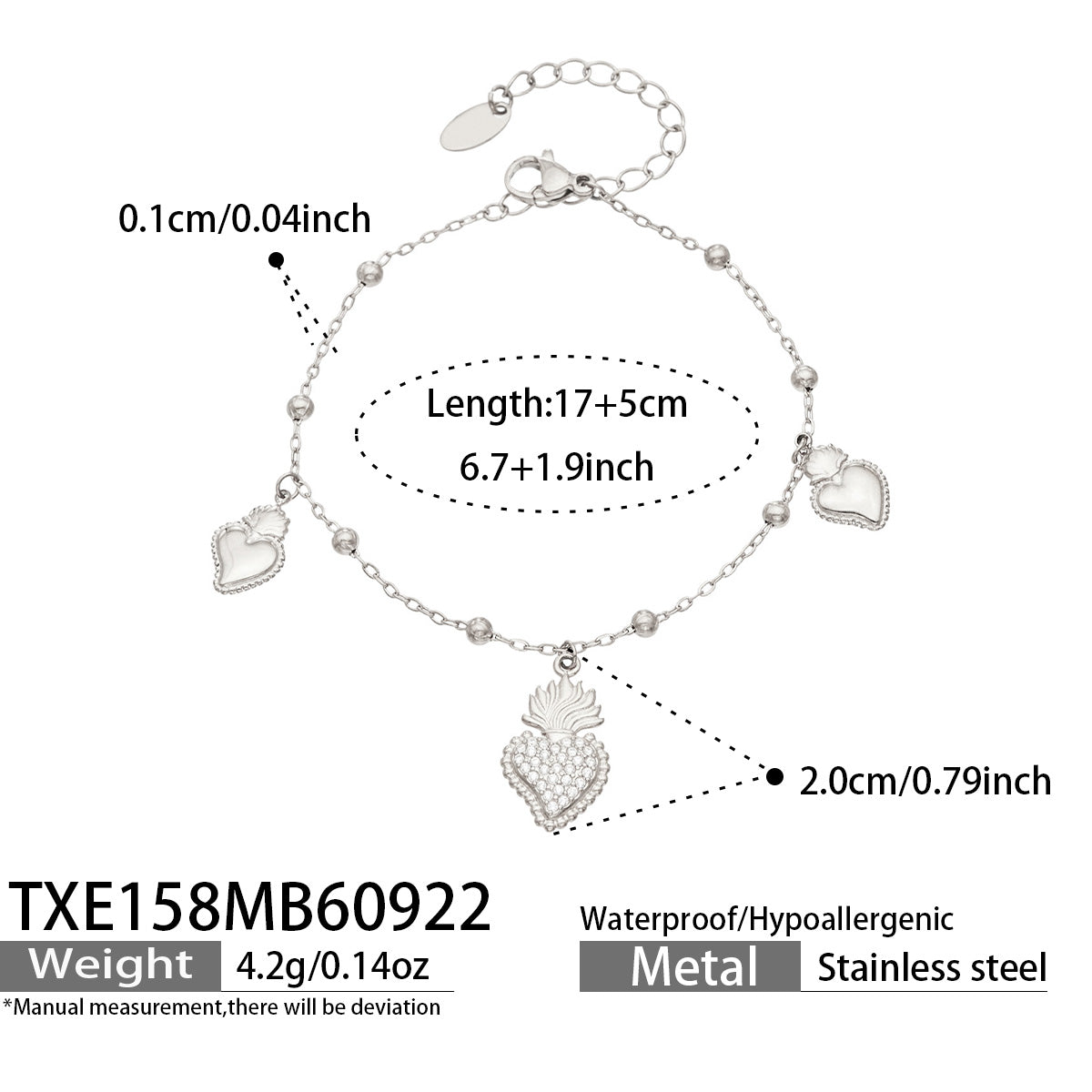 TXE158 steel-tone heart zircon charm bracelet 17+5 cm size and product details
