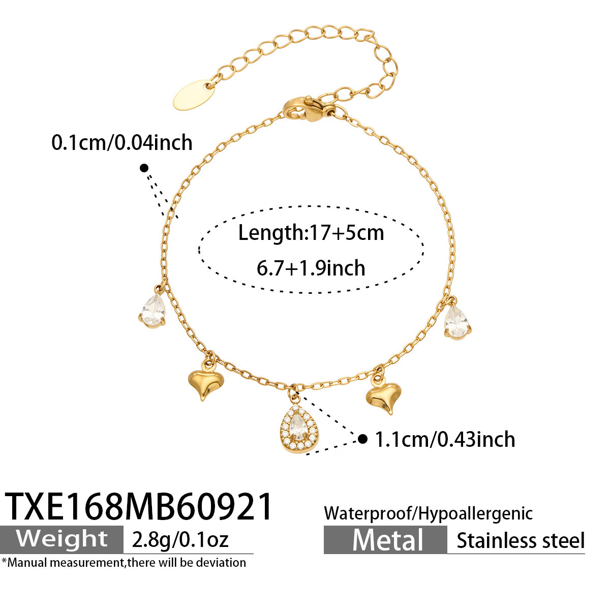 TXE168 heart and teardrop zircon charm bracelet 17+5 cm size details