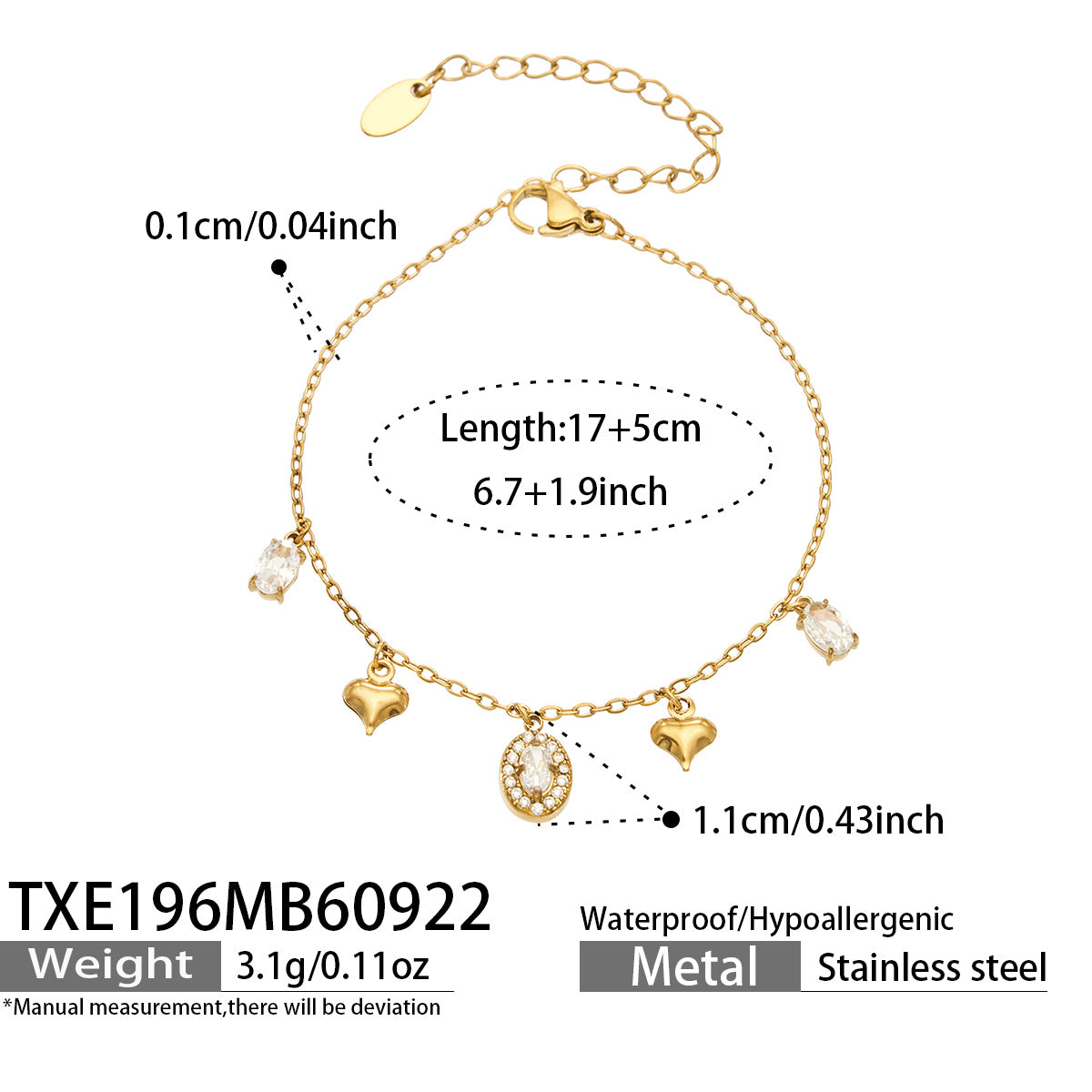 TXE196 oval zircon charm bracelet 17+5 cm size and product details