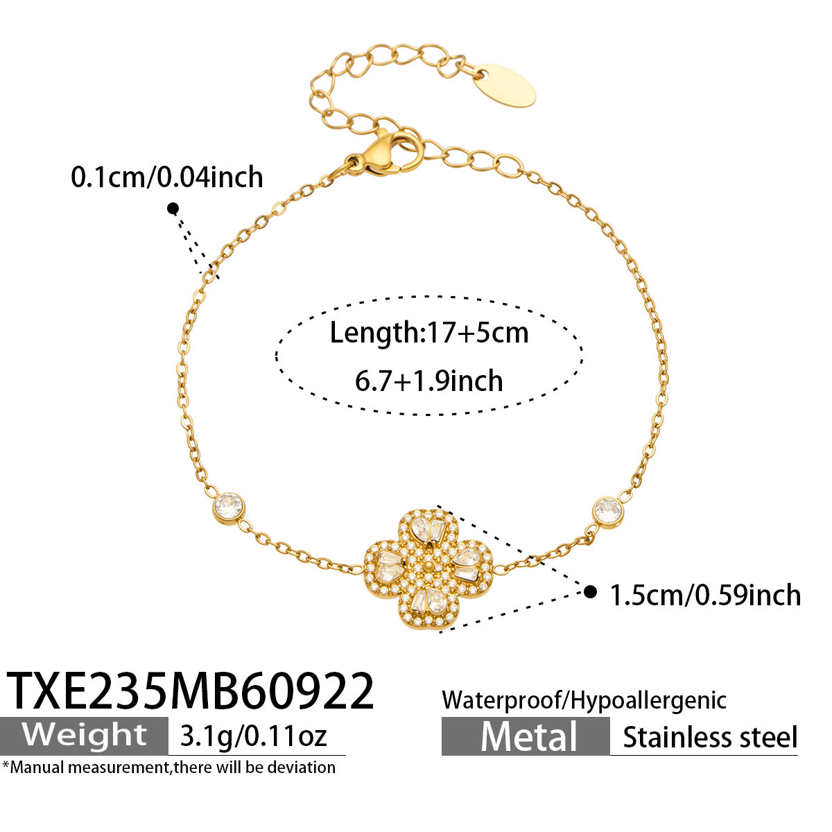 TXE235 four-petal flower zircon bracelet 17+5 cm size and product details