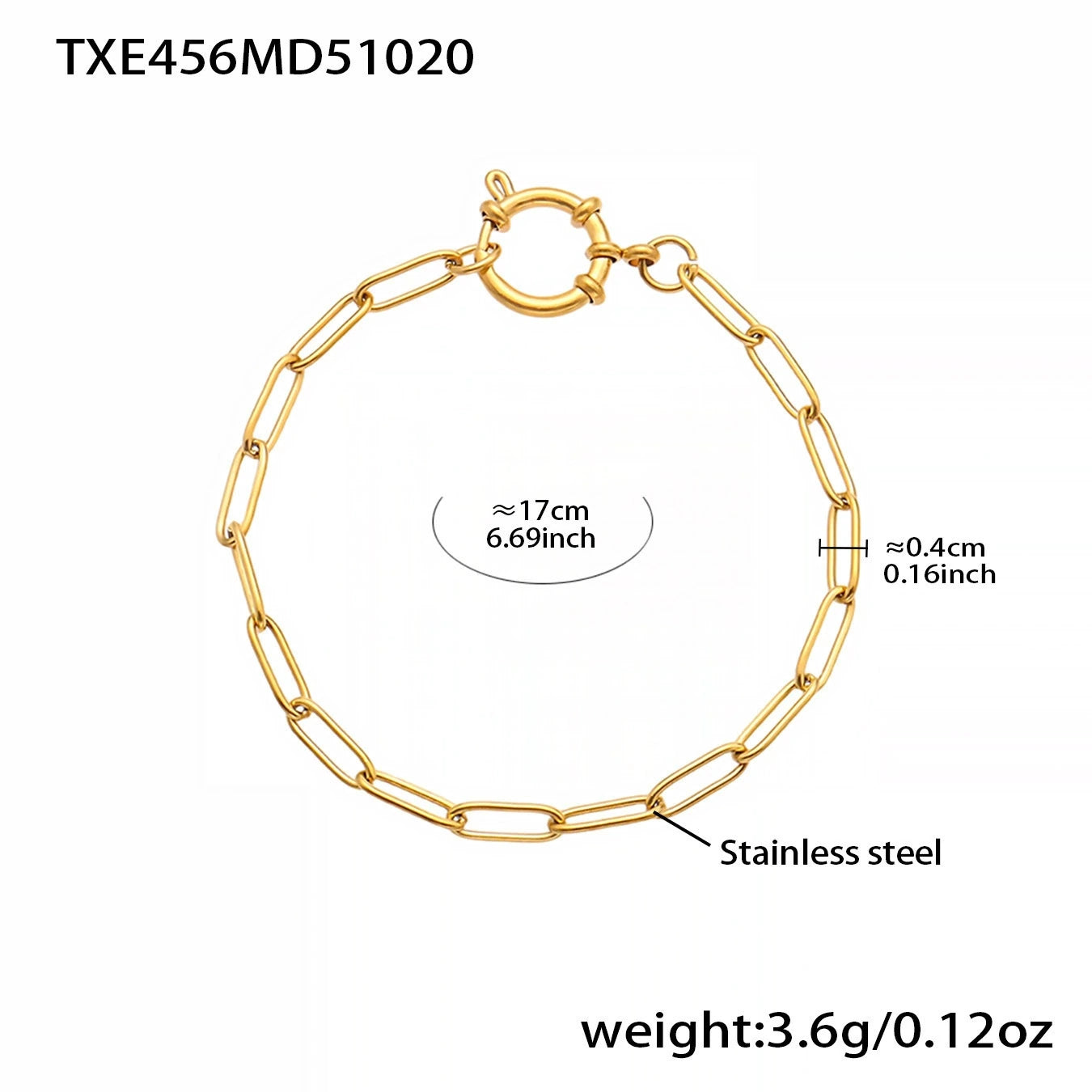 TXE456 plain gold paperclip chain bracelet size guide, 17 cm