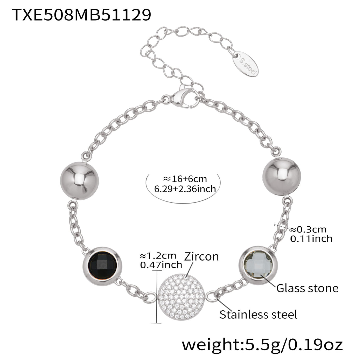 A black glass stone bezel bracelet specification diagram illustrating the surgical-grade steel construction.