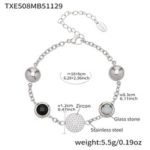 A black glass stone bezel bracelet specification diagram illustrating the surgical-grade steel construction.