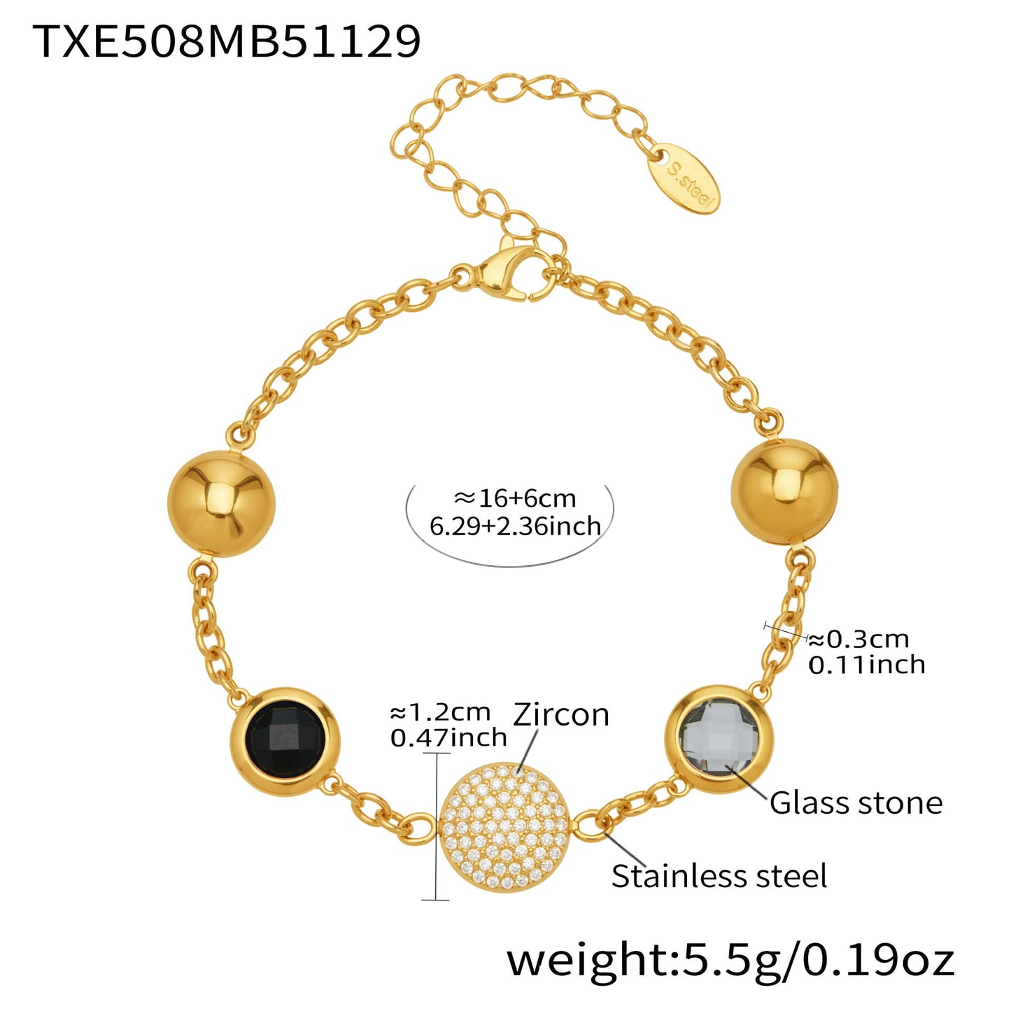 Black zircon stainless steel bracelet with adjustable chain, minimal gold tone design
