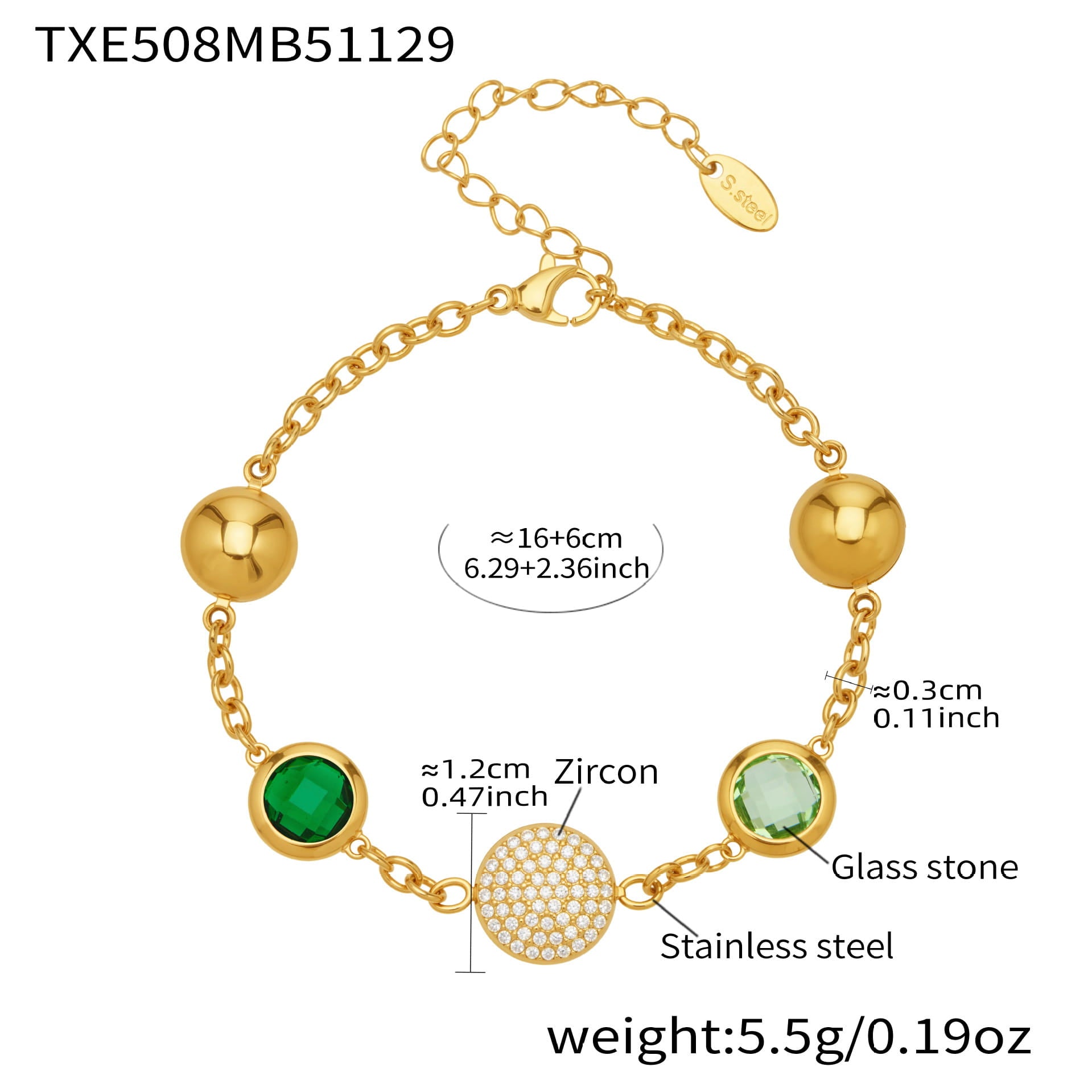 Multicolor glass stone stainless steel bracelet with gold tone chain and zircon accent
