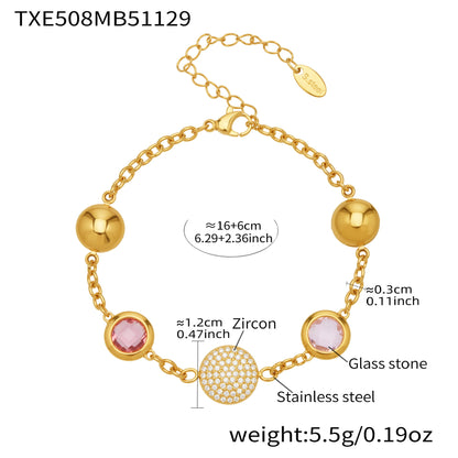 18K PVD gold stainless steel bracelet with pink cubic zirconia and glass stone accents, adjustable length design
