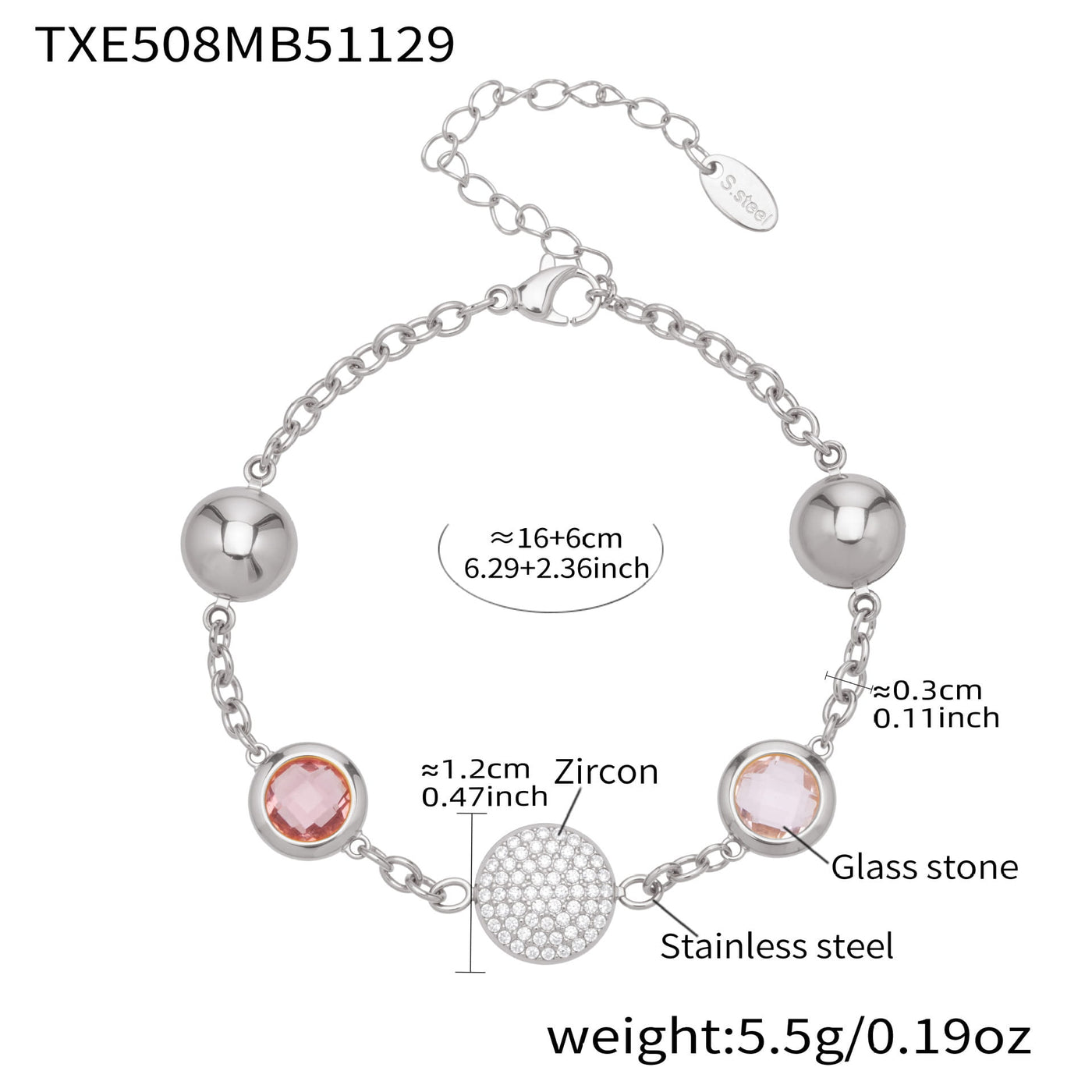 A blue glass stone bracelet spec sheet showing the adjustable chain length for wholesale jewelry buyers.
