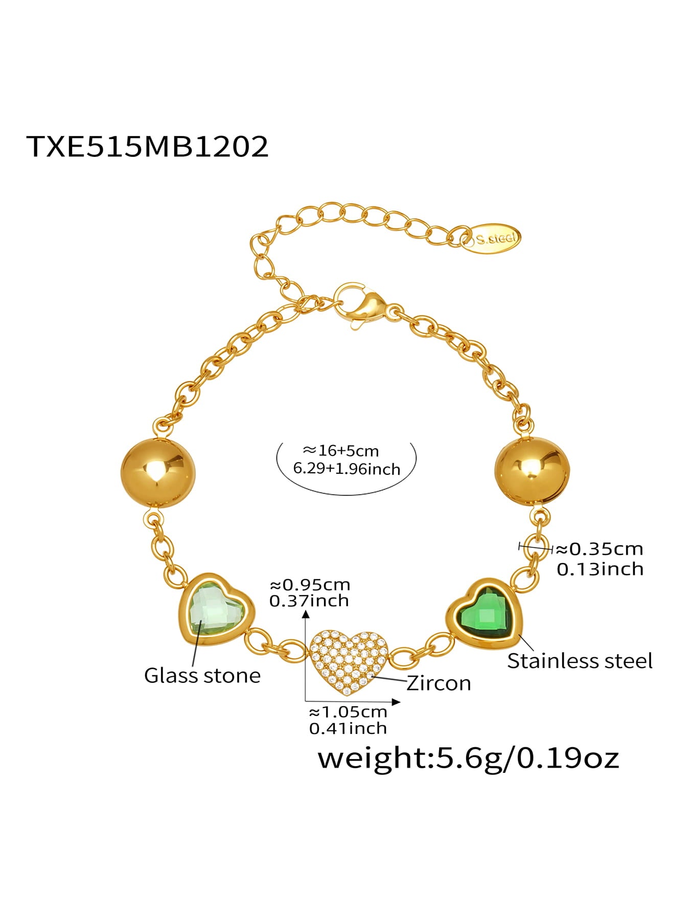 Green heart glass stone zircon bracelet in gold tone 316L stainless steel
