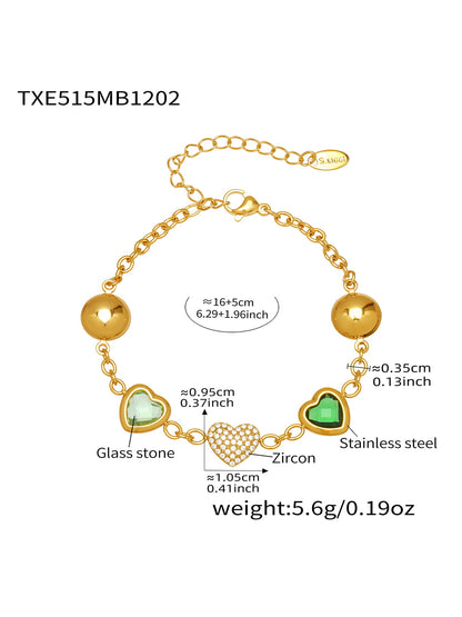 Green heart glass stone zircon bracelet in gold tone 316L stainless steel