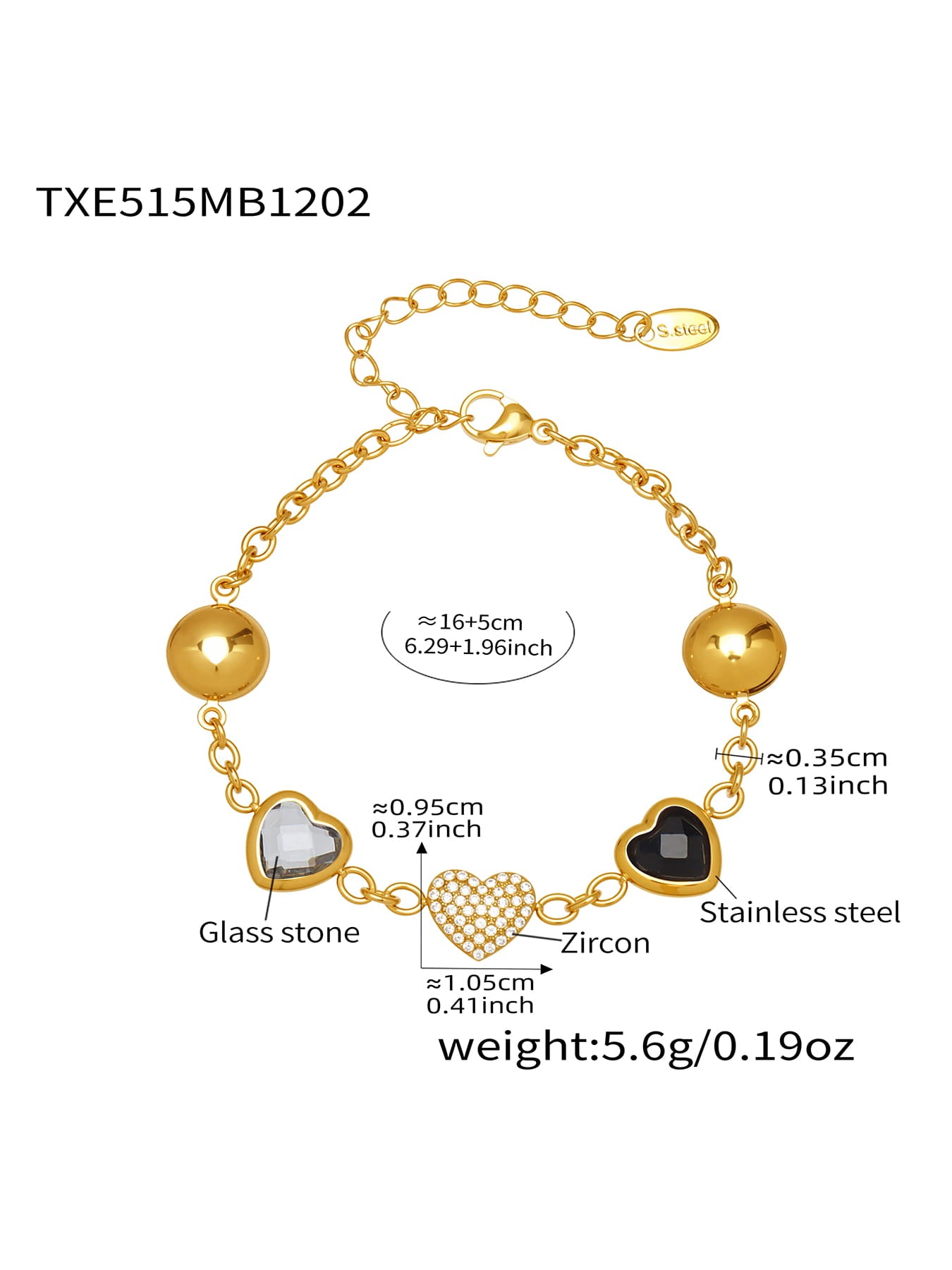 Pink heart glass stone zircon bracelet made of 316L stainless steel gold tone