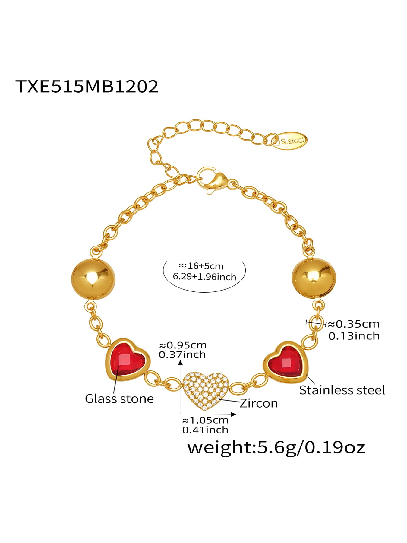 Red heart glass stone zircon bracelet crafted from 316L stainless steel gold tone