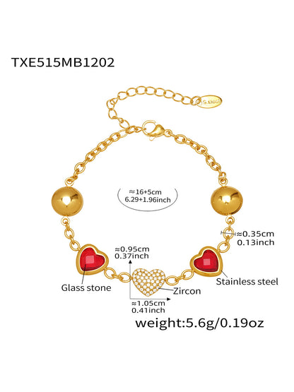 Red heart glass stone zircon bracelet crafted from 316L stainless steel gold tone