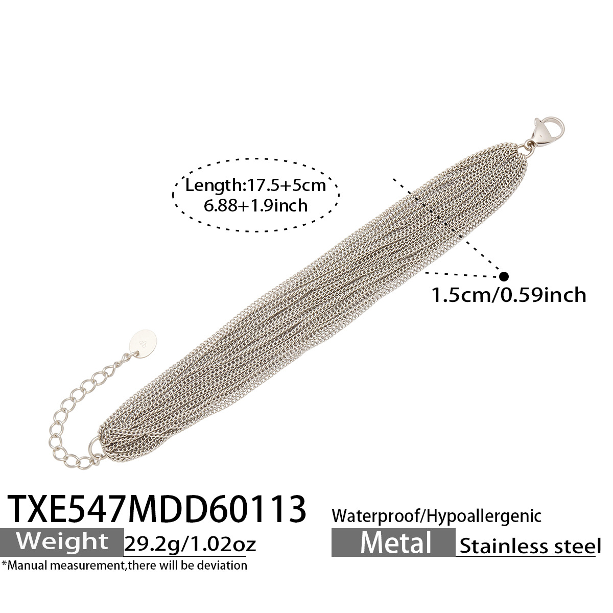 TXE547A steel bracelet size details, 17.5+5 cm length and 1.5 cm width
