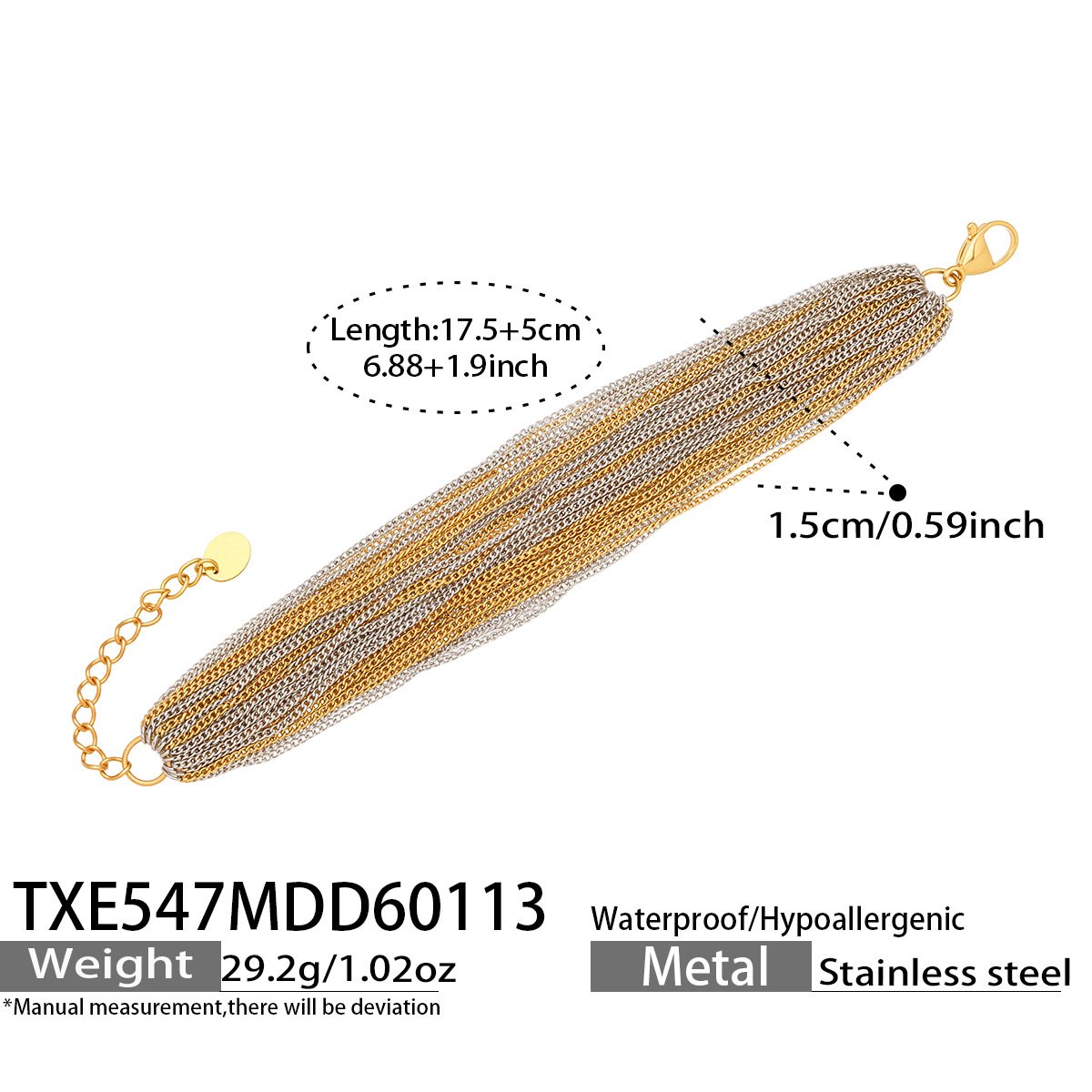 TXE547BA two-tone bracelet size details, 17.5+5 cm length and 1.5 cm width