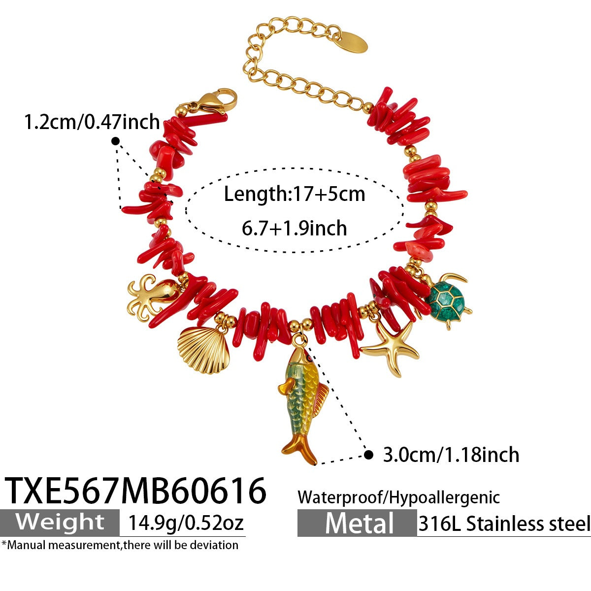 TXE567 gold ocean animal charm bracelet size card showing 17 plus 5cm length and 316L stainless steel material