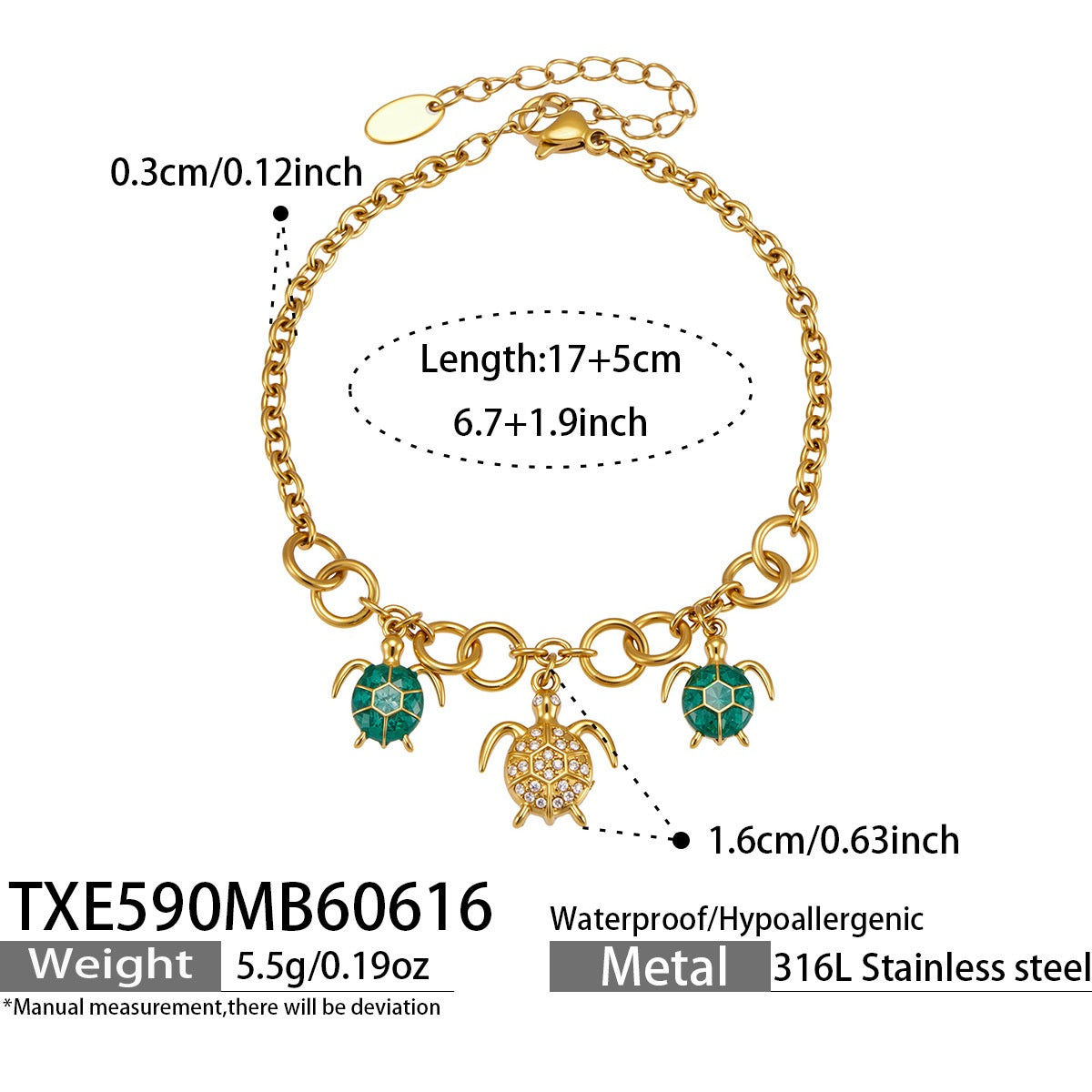 TXE590 gold turtle ocean charm bracelet size card showing 17 plus 5cm length and marine-inspired pendant design