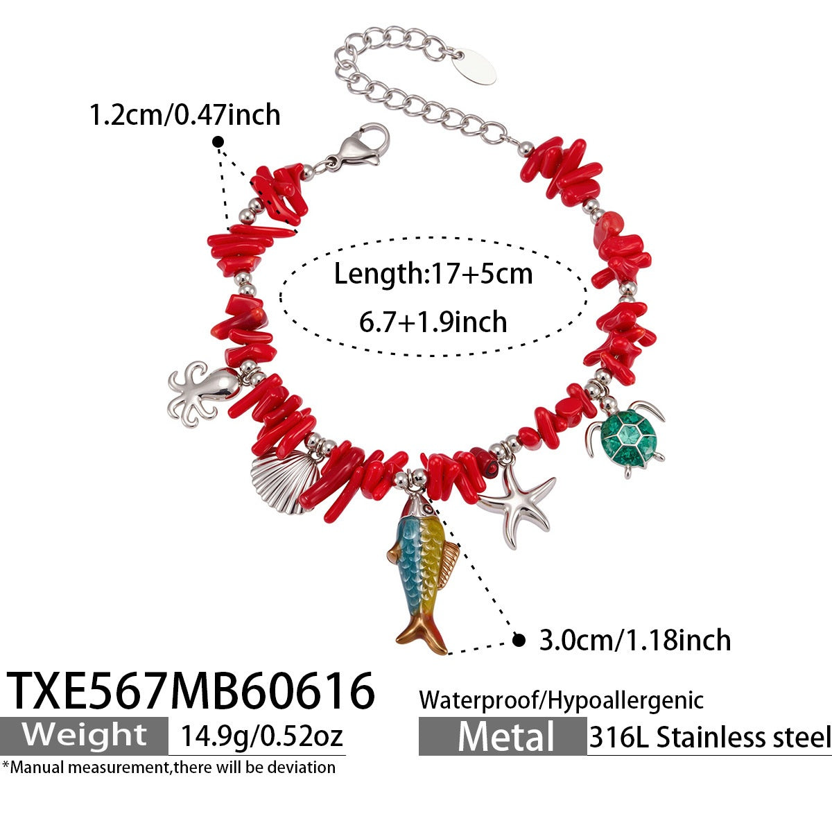 TXE590 steel turtle ocean charm bracelet size card showing 17 plus 5cm length and 316L stainless steel material
