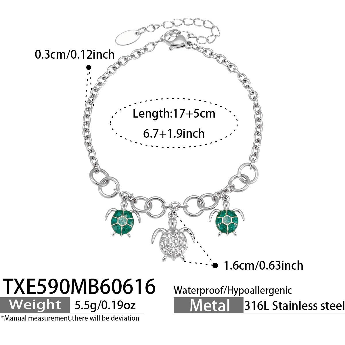 TXE590 steel turtle ocean charm bracelet size card showing 17 plus 5cm length and 316L stainless steel material