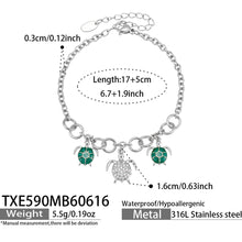 TXE590 steel turtle ocean charm bracelet size card showing 17 plus 5cm length and 316L stainless steel material