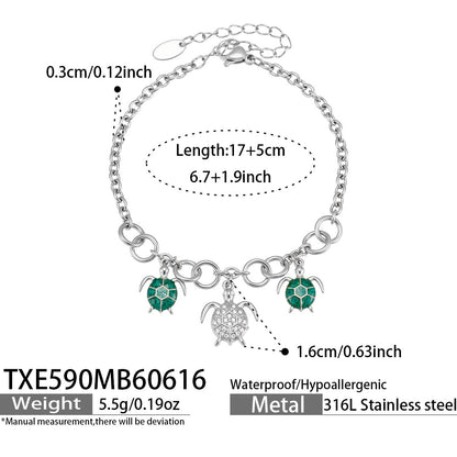 TXE590 steel turtle ocean charm bracelet size card showing 17 plus 5cm length and 316L stainless steel material
