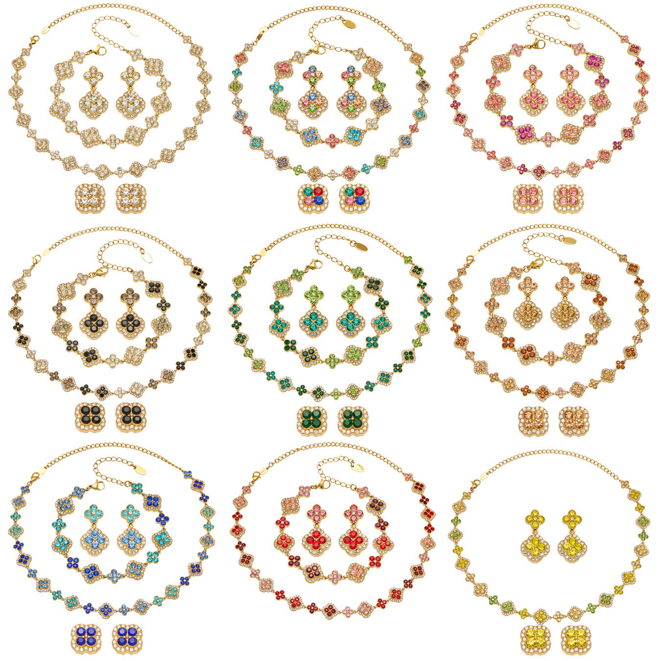 316L stainless steel 18K gold PVD full zircon four leaf clover jewelry set on white background