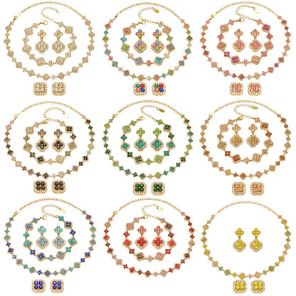 316L stainless steel 18K gold PVD full zircon four leaf clover jewelry set on white background